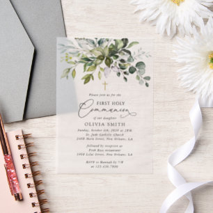 Greenery, Eucalyptus Leaves, First Holy Communion Vellum Invitations