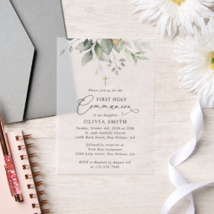 Greenery, Eucalyptus Leaves, First Holy Communion Vellum Invitations