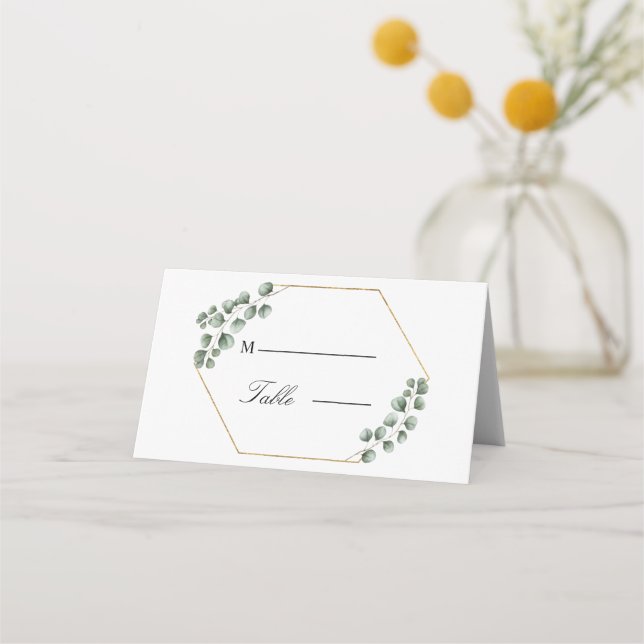 Greenery Eucalyptus Leaves Glitter Frame Wedding Place Card (Front)