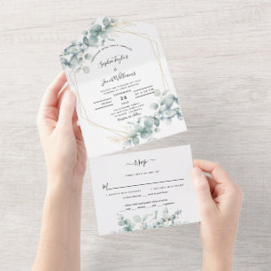 Greenery Eucalyptus Leaves Gold Geometric Wedding All In One Invitation