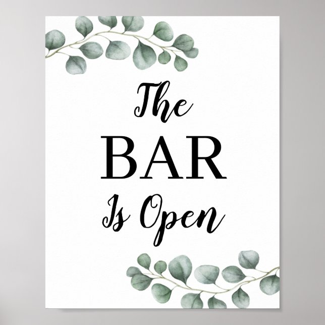 Greenery Eucalyptus Leaves The Bar Is Open Sign (Front)