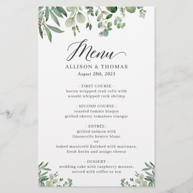 Greenery Eucalyptus Leaves Wedding Dinner Menu (Front)