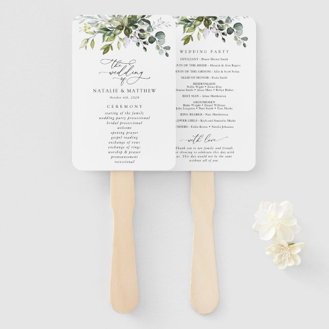 Greenery, Eucalyptus Leaves, Wedding Program  Hand Fan (Front and Back)