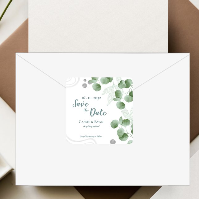 Greenery Eucalyptus Leaves  Wedding Save the Date  Square Sticker (Greenery Eucalyptus Leaves Wedding Save the Date Square Sticker)
