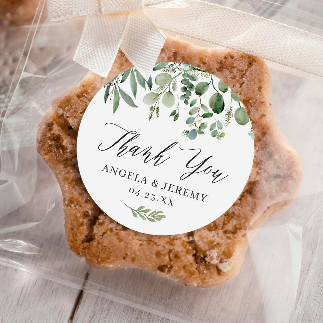 Greenery Eucalyptus Leaves Wedding Thank You Classic Round Sticker (Creator Uploaded)