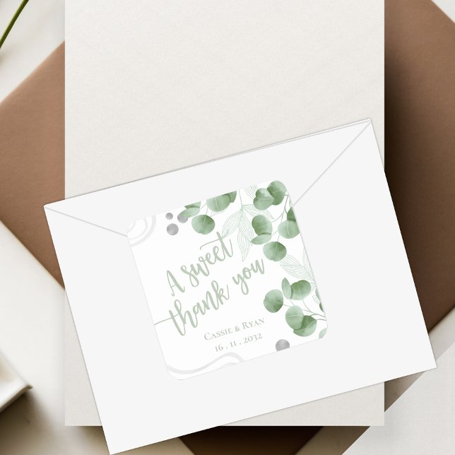 Greenery Eucalyptus Leaves  Wedding Thank You Square Sticker (Greenery Eucalyptus Leaves Wedding Thank You Square Sticker)