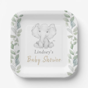 Greenery Eucalyptus Little Elephant Baby Shower Paper Plate