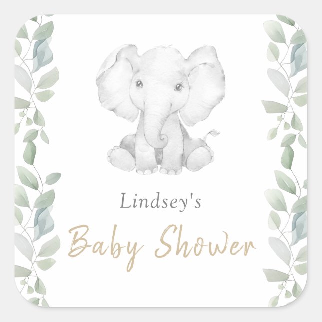 Greenery Eucalyptus Little Elephant Baby Shower Square Sticker (Front)