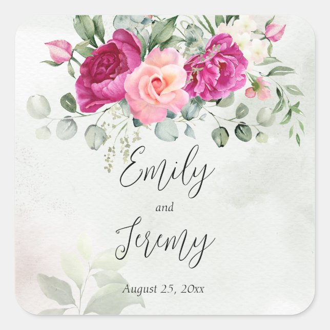Greenery eucalyptus magenta peony roses  square sticker (Front)