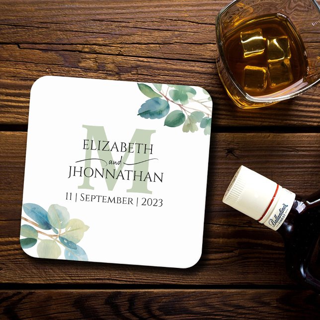 Greenery eucalyptus monogrammed wedding square paper coaster (Creator Uploaded)