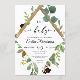 Greenery eucalyptus nad gold foil modern baby invitation