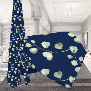 Greenery Eucalyptus Navy Blue Wedding Tie