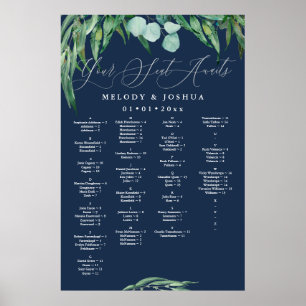 GREENERY EUCALYPTUS NAVY SEATING CHART, ALPHA POSTER