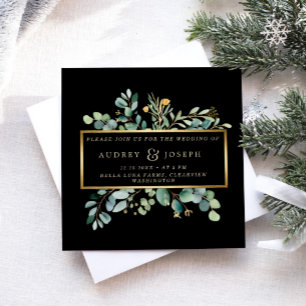 Greenery Eucalyptus on Black Christmas Wedding Invitation