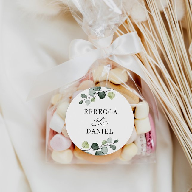 Greenery Eucalyptus Personalised Wedding Classic Round Sticker (Creator Uploaded)