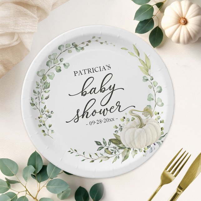 Greenery Eucalyptus Pumpkin Fall Baby Shower Paper Plate (Creator Uploaded)