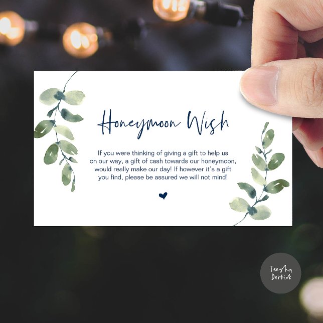 Greenery Eucalyptus, Rustic Honeymoon Wish Fund Enclosure Card (Greenery Eucalyptus, Rustic Honeymoon Wish Fund Enclosure Card in Navy Blue)
