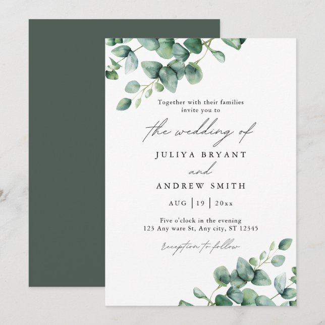  Greenery Eucalyptus script wedding Invitation (Front/Back)