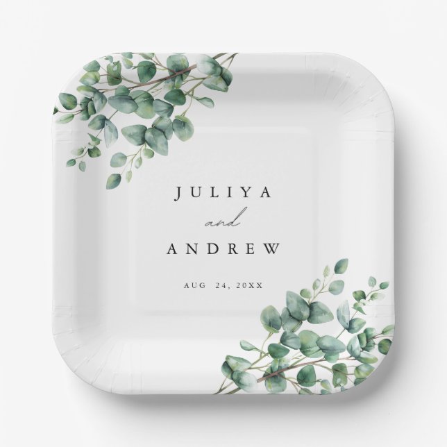 Greenery Eucalyptus script wedding  Paper Plate (Front)