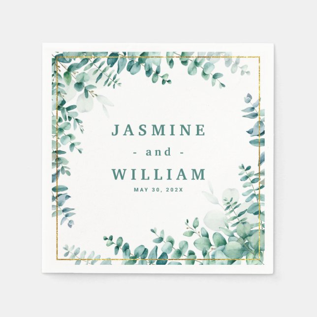 Greenery Eucalyptus Square Frameborder Wedding Napkin (Front)