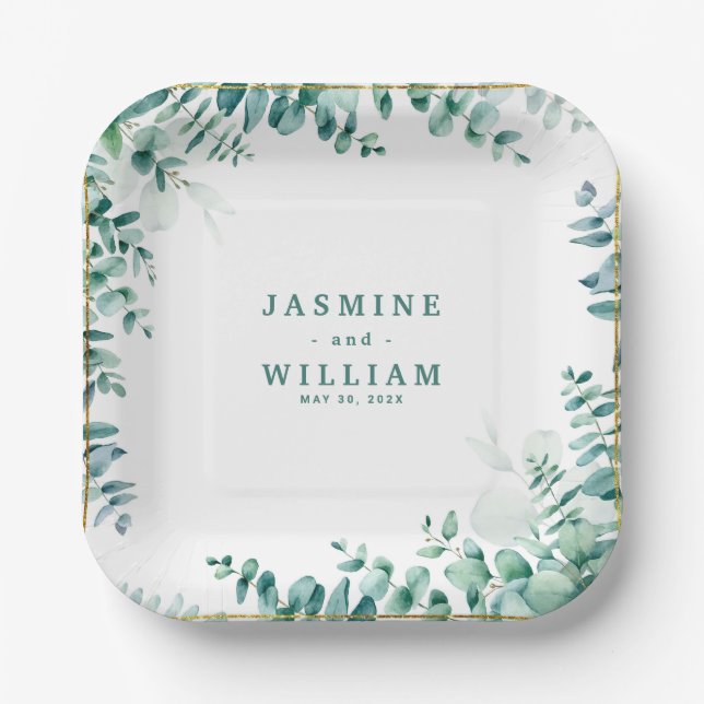 Greenery Eucalyptus Square Frameborder Wedding Paper Plate (Front)