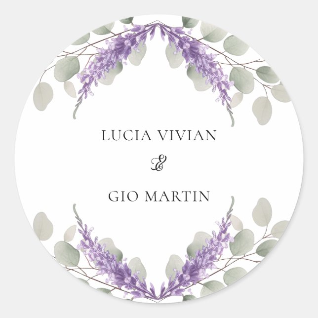 Greenery Eucalyptus Violet Lavender Wedding Classic Round Sticker (Front)