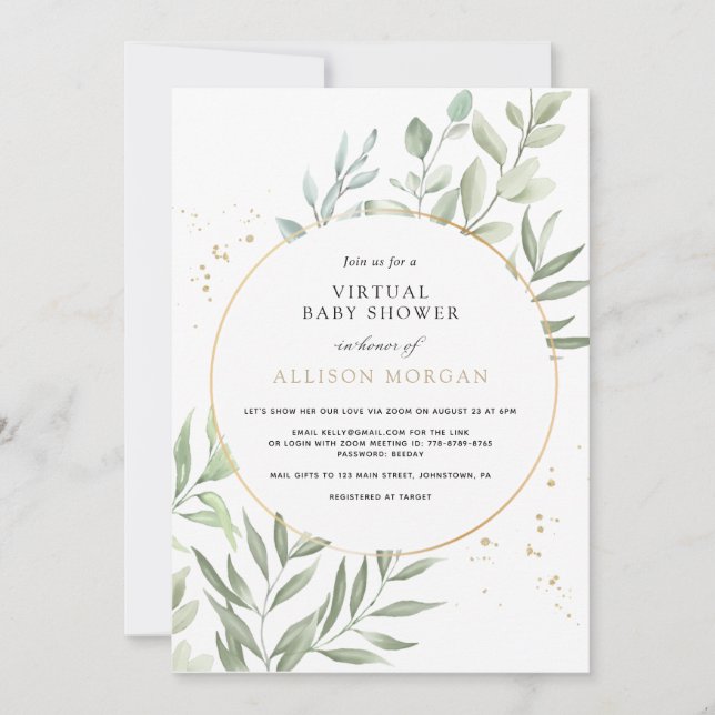 Greenery Eucalyptus Virtual Baby Shower Invitation (Front)