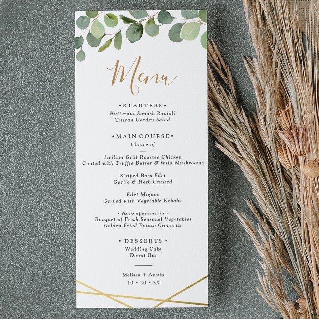 Greenery Eucalyptus w/Gold Geometric Frame Wedding Menu (Creator Uploaded)