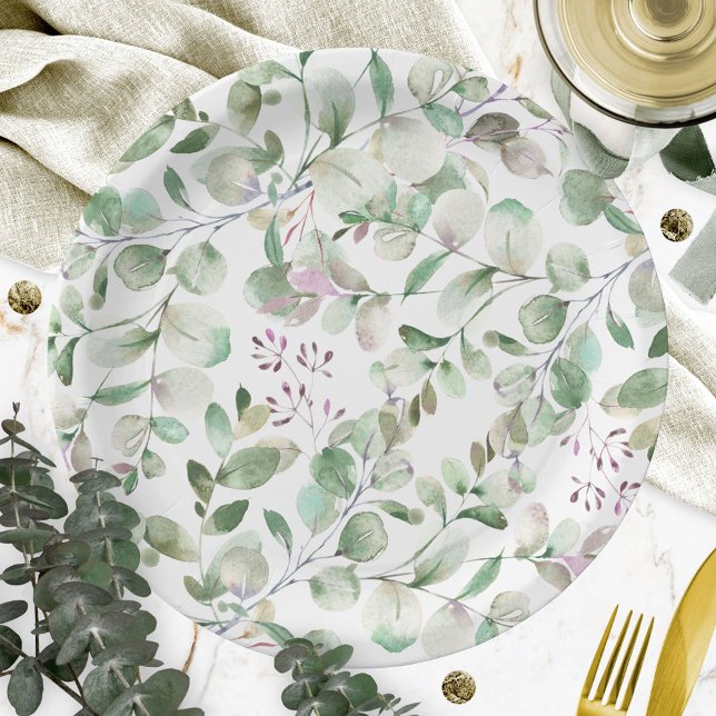 Greenery Eucalyptus Watercolor Bridal Shower Paper Plate (Creator Uploaded)