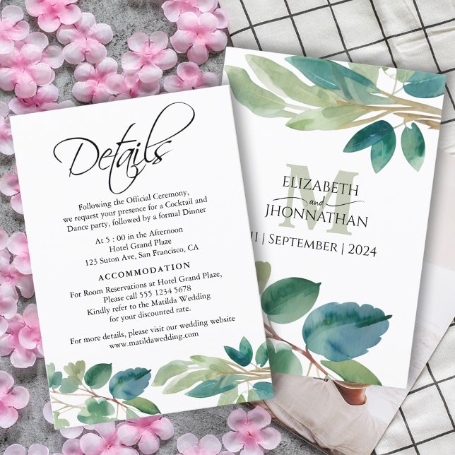 Greenery Eucalyptus Watercolor Details Monogram Enclosure Card (Creator Uploaded)