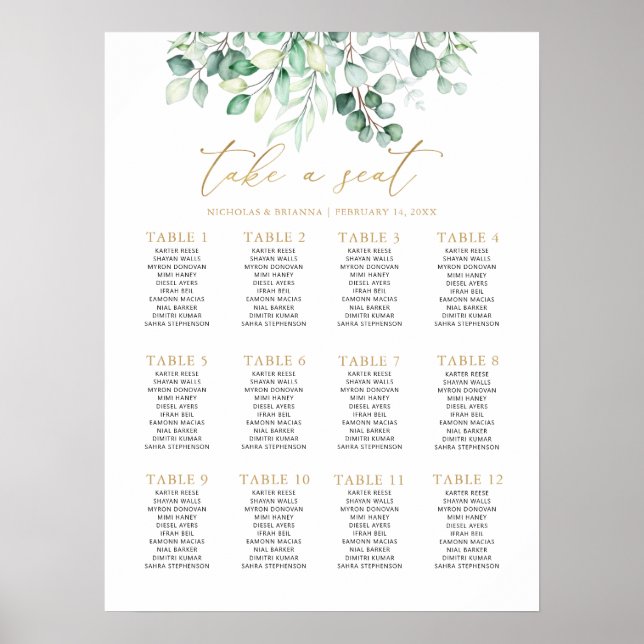 Greenery Eucalyptus Wedding Gold 12 Table Seating Poster (Front)