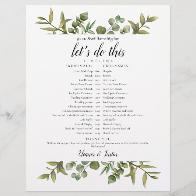 Greenery Eucalyptus Wedding Schedule Timeline (Front)