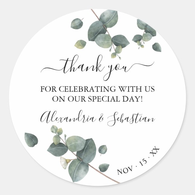 Greenery Eucalyptus Wedding Thank You Classic Round Sticker (Front)