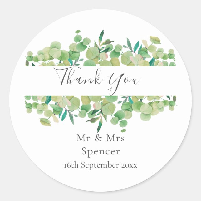 Greenery Eucalyptus Wedding Thank You Favour Classic Round Sticker (Front)