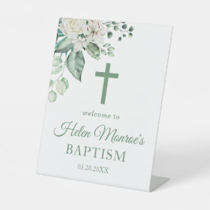 Greenery  Eucalyptus White Flowers Baptism Pedestal Sign