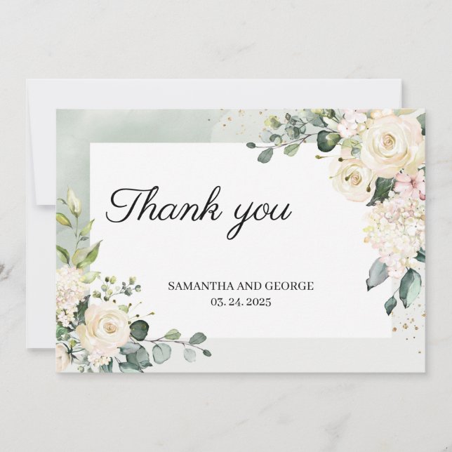 Greenery eucalyptus white roses gold glitter boho thank you card (Front)