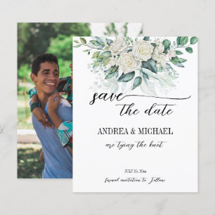Greenery eucalyptus white roses save the date