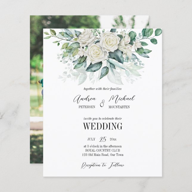 Greenery eucalyptus white roses wedding invitation (Front/Back)