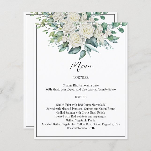 Greenery eucalyptus white roses wedding menu card (Front/Back)