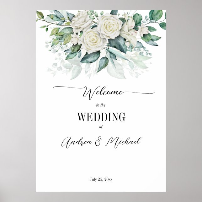 Greenery eucalyptus white roses wedding  poster (Front)