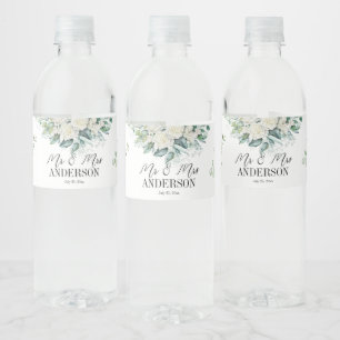 Greenery eucalyptus white roses wedding Sparkling Water Bottle Label
