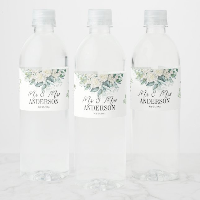 Greenery eucalyptus white roses wedding  Sparkling Water Bottle Label (Bottles)