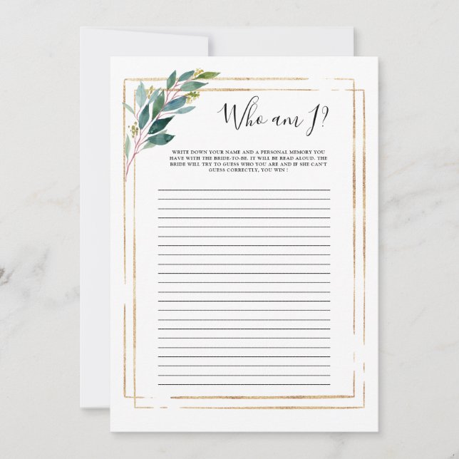 Greenery Eucalyptus Who Am I Bridal Shower Game  (Front)