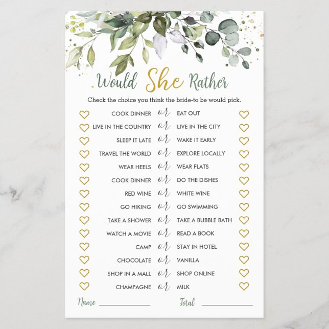 Greenery Eucalyptus Would She Rather Bridal Game Flyer (Front)
