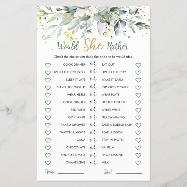 Greenery Eucalyptus Would She Rather Bridal Game Flyer (Front)