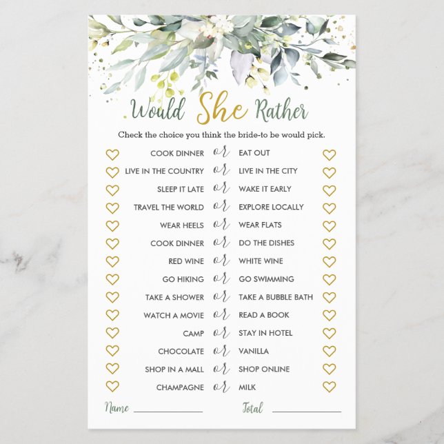 Greenery Eucalyptus Would She Rather Bridal Game Flyer (Front)