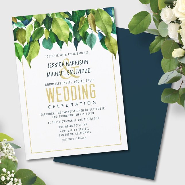 Greenery Fall Green Gold Leaves Modern Wedding Invitation (Creator Uploaded)