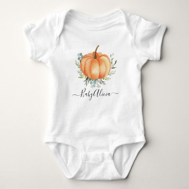 Greenery Fall Little Pumpkin Baby Shower Gift Bodysuit (Front)