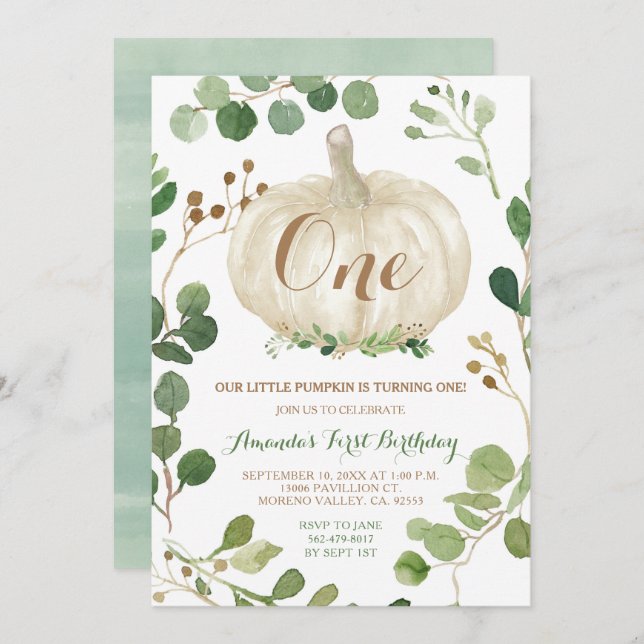 Greenery Fall White Pumpkin 1st Birthday   Invitation (Front/Back)