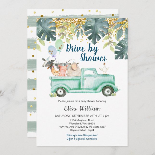 Greenery farm animal boy baby shower invitation (Front/Back)